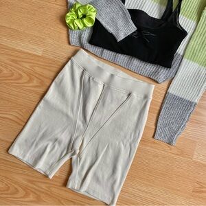 Cream Seam-Detail Workout Biker Shorts